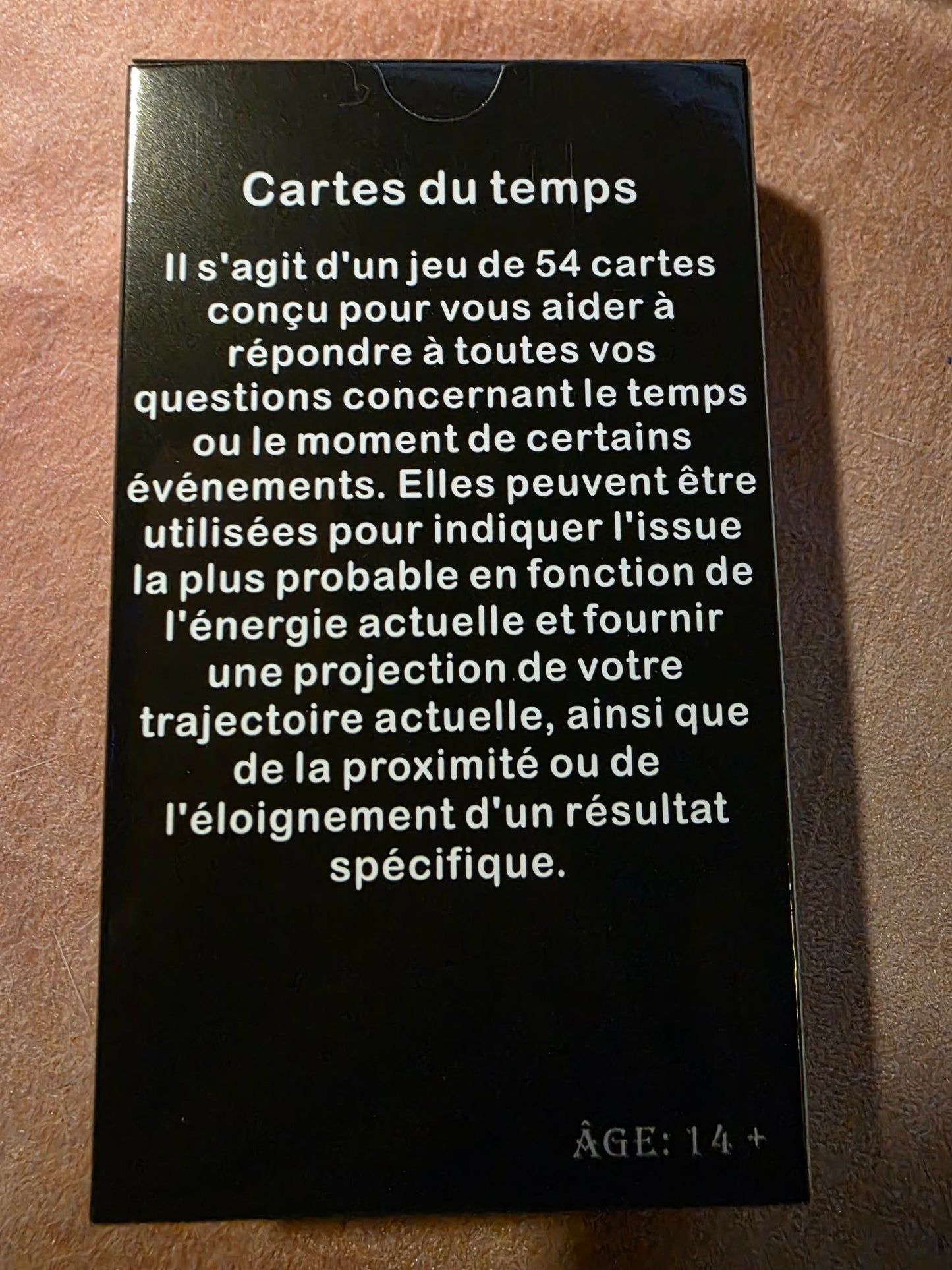 Cartes du Temps — dos de la boîte avec description, âge 14+