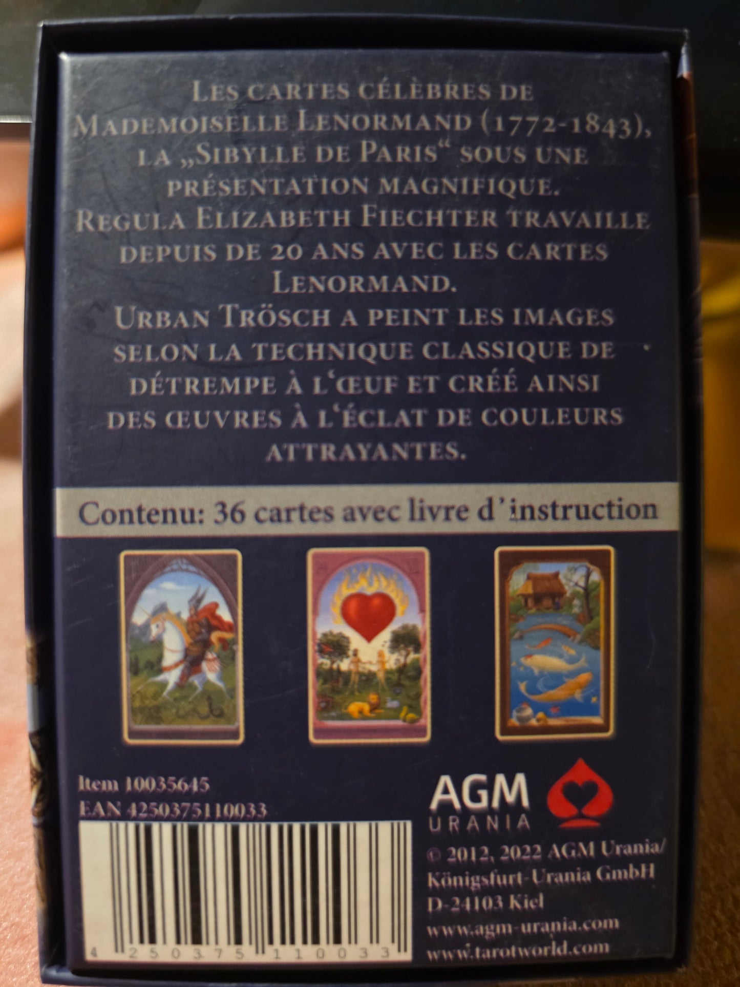 Les cartes mystiques de Mlle Lenormand — endos du coffret avec description et 3 cartes