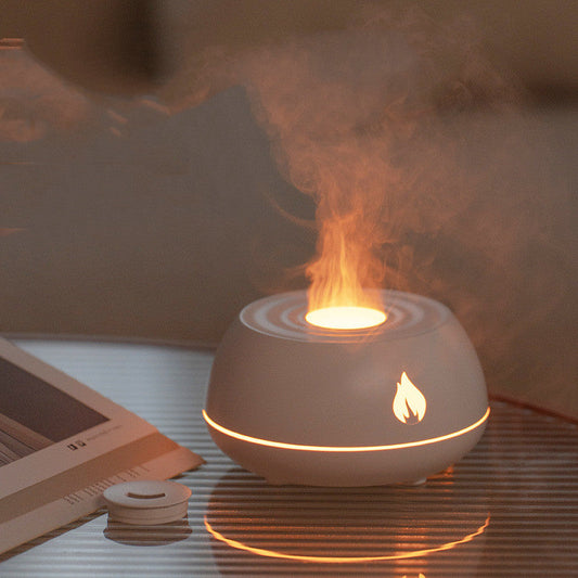 Diffuseur humidificateur FlamAroma flamme effet lumière LED USB portable compact silencieux aromathérapie huiles essentielles zen ambiance relaxation décoration moderne brume vapeur maison bureau chambre salon apaisant calme
