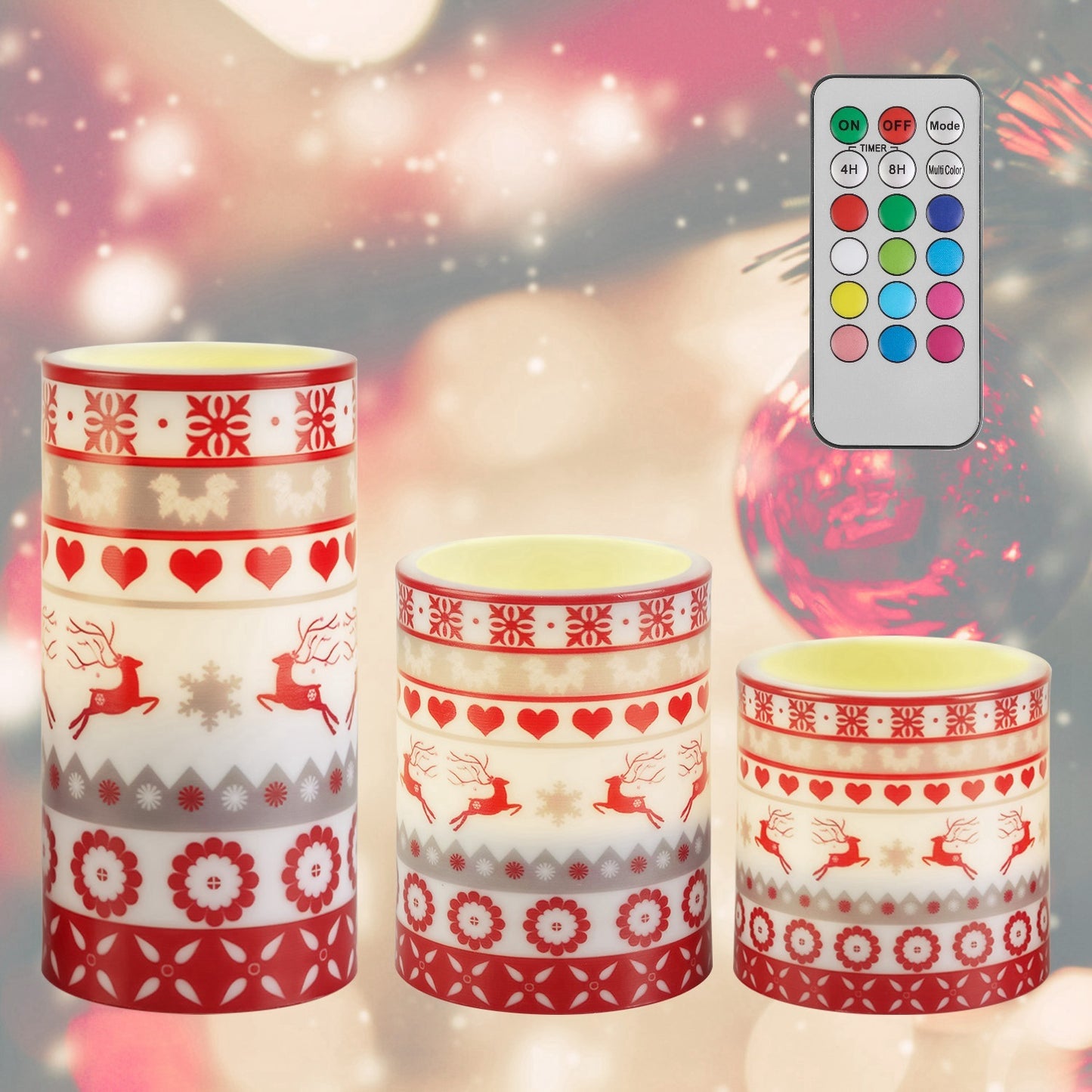 Chandelles LED Noël cerf sans flamme bougies électriques télécommande décoration Noël festive sécuritaire ambiance chaleureuse hiver cadeau Noël maison éclairage décoratif fêtes ensemble 3 bougies motif cerf

