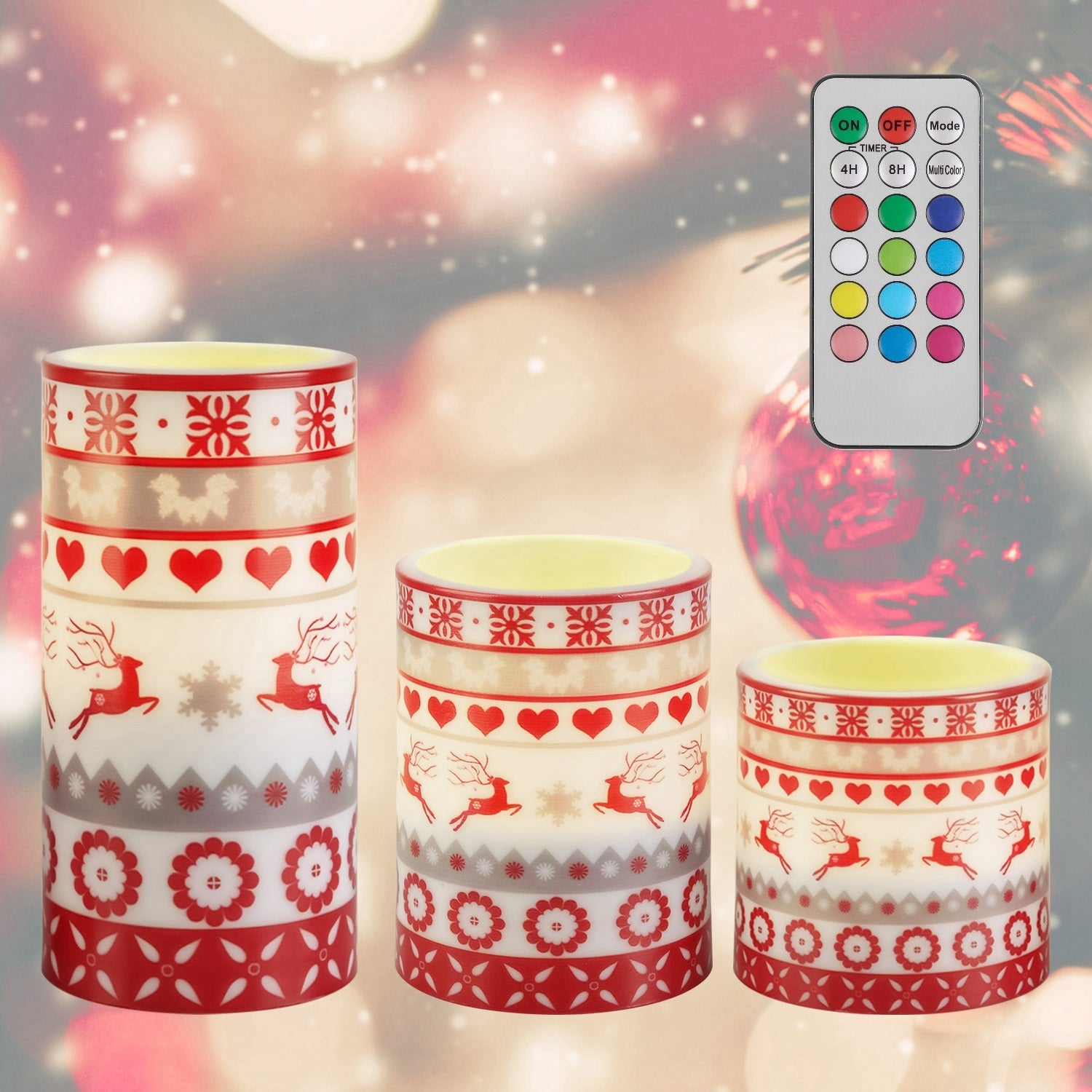 Chandelles LED Noël cerf sans flamme bougies électriques télécommande décoration Noël festive sécuritaire ambiance chaleureuse hiver cadeau Noël maison éclairage décoratif fêtes ensemble 3 bougies motif cerf
