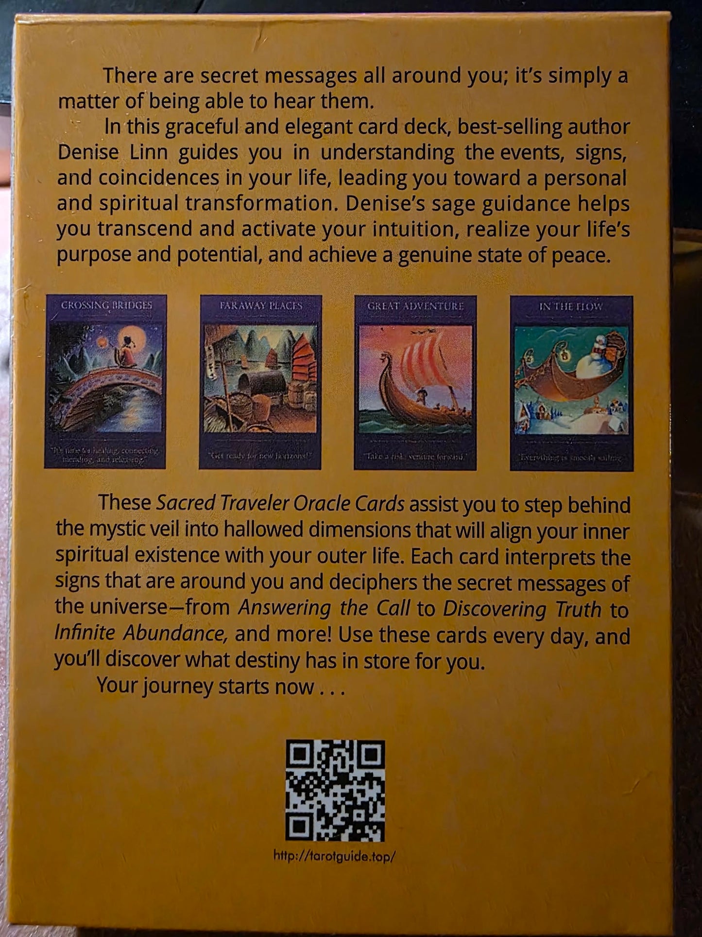 Sacred Traveler — arrière de la boîte avec description : Crossing Bridges, Faraway Places, Great Adventure, In the Flow