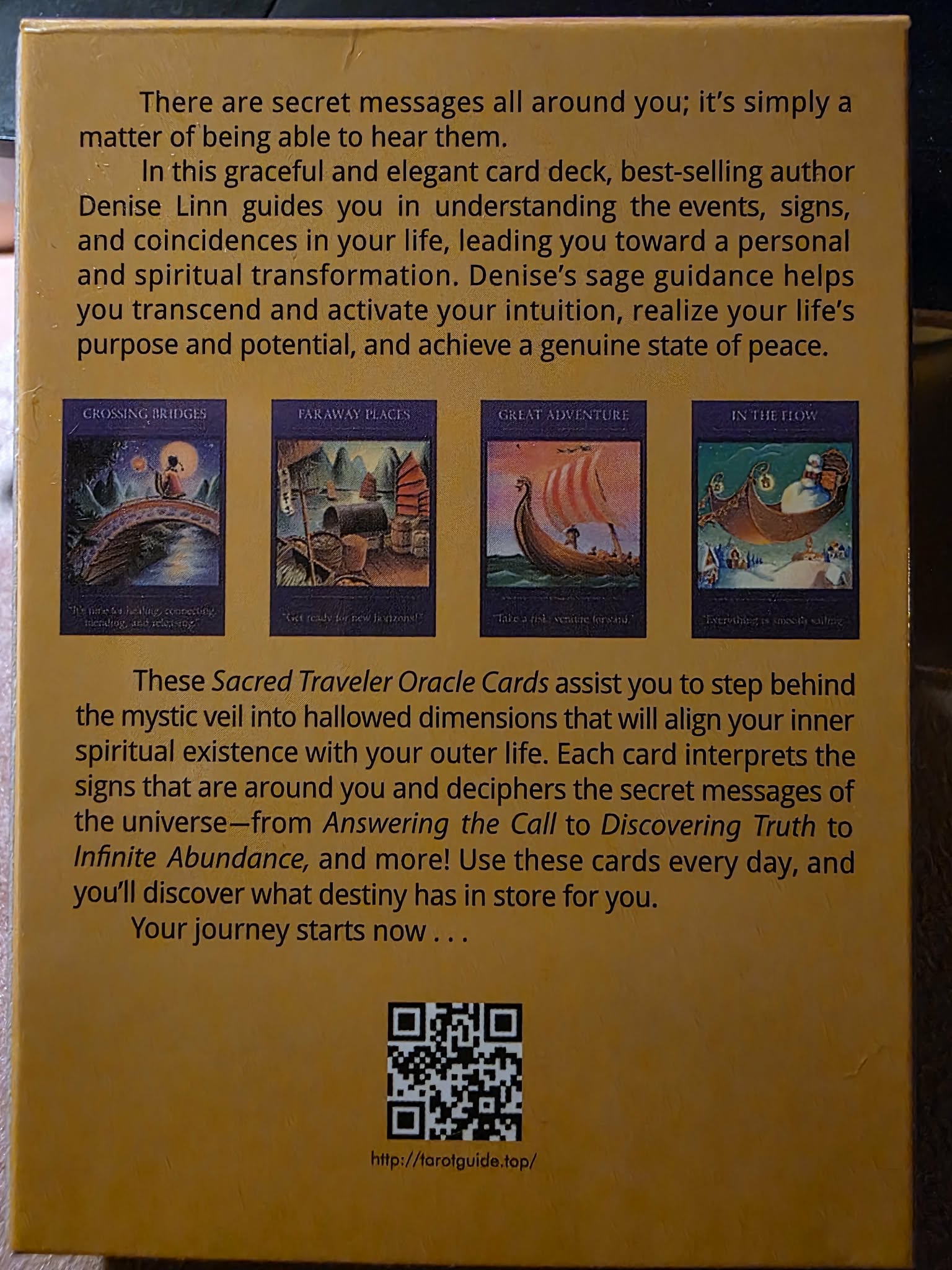 Sacred Traveler — arrière de la boîte avec description : Crossing Bridges, Faraway Places, Great Adventure, In the Flow