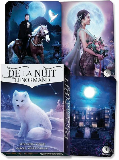 De La Nuit Lenormand — 4 cartes: Cavalier, Bouquet, Verge, Cigogne