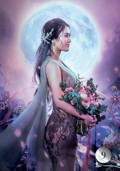 De La Nuit Lenormand — carte 9 Bouquet, femme sous la lune