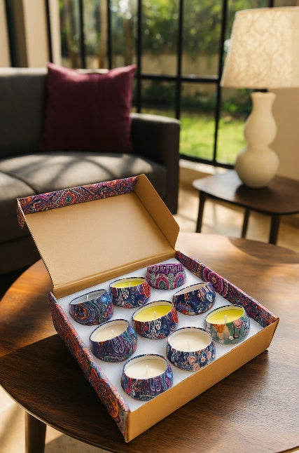 Ensemble cadeau bougies parfumées coffret boîte métallique décorative cadeau Noël fêtes élégant set aromatiques luxe ambiance chaleureuse festive