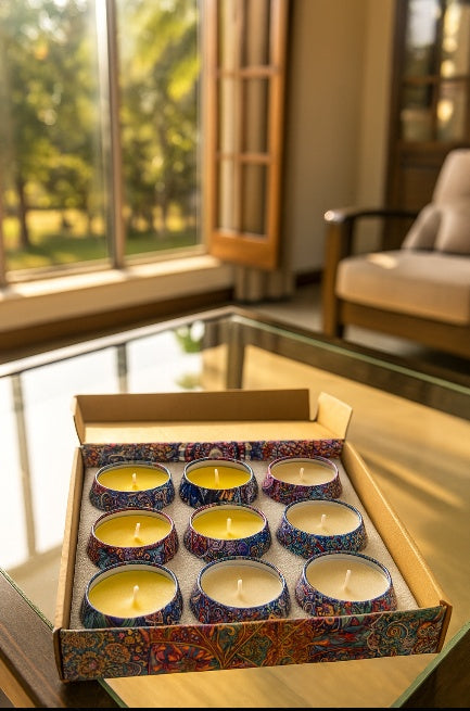 Ensemble cadeau bougies parfumées coffret boîte métallique décorative cadeau Noël fêtes élégant set aromatiques luxe ambiance chaleureuse festive