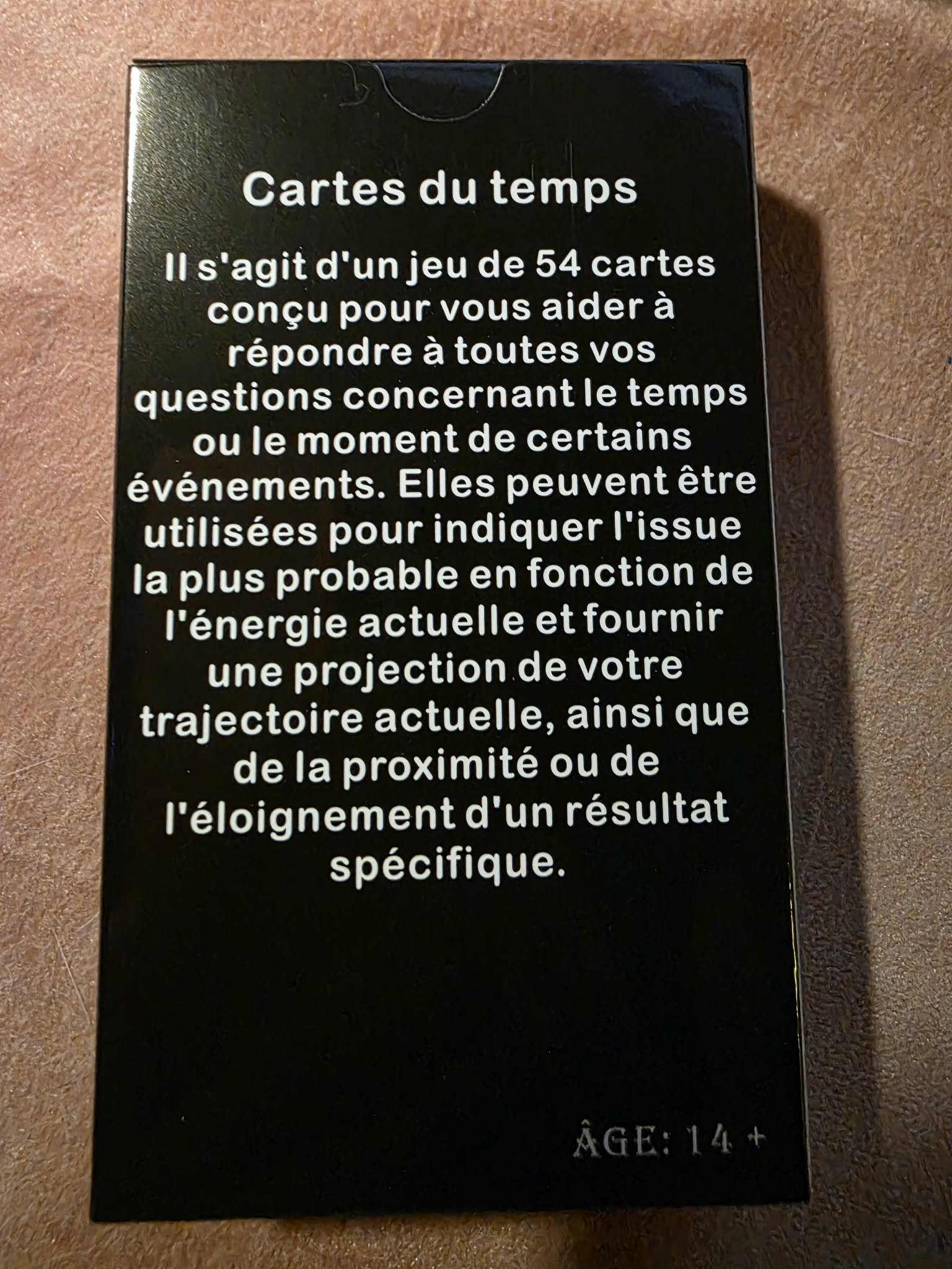Cartes du Temps — dos de la boîte avec description, âge 14+