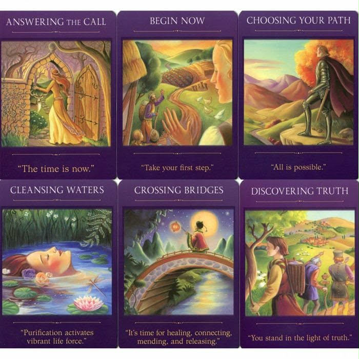 Sacred Traveler — 6 cartes : Answering the Call, Begin Now, Choosing Your Path, Cleansing Waters, Crossing Bridges, Discovering Truth