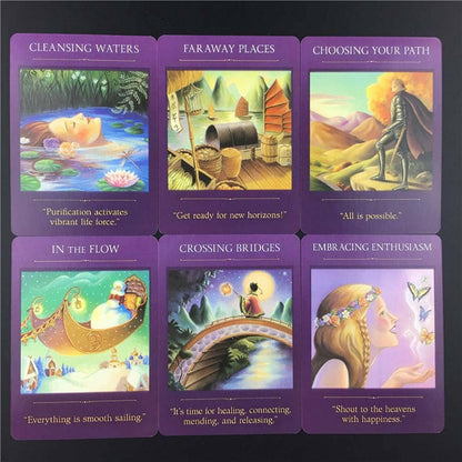 Sacred Traveler — 6 cartes : Cleansing Waters, Faraway Places, Choosing Your Path, In the Flow, Crossing Bridges, Embracing Enthusiasm