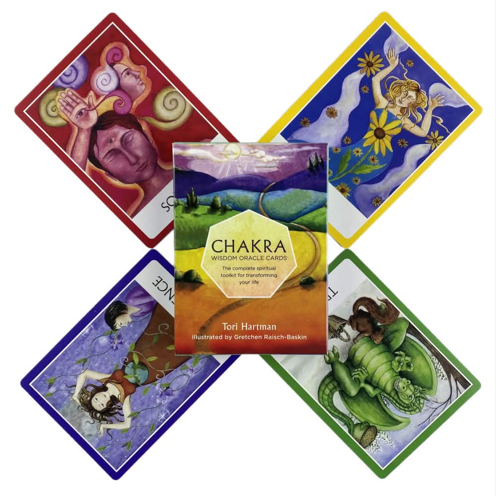Chakra Wisdom Oracle Cards — 4 cartes en croix autour du coffret: rouge, jaune, bleu, vert