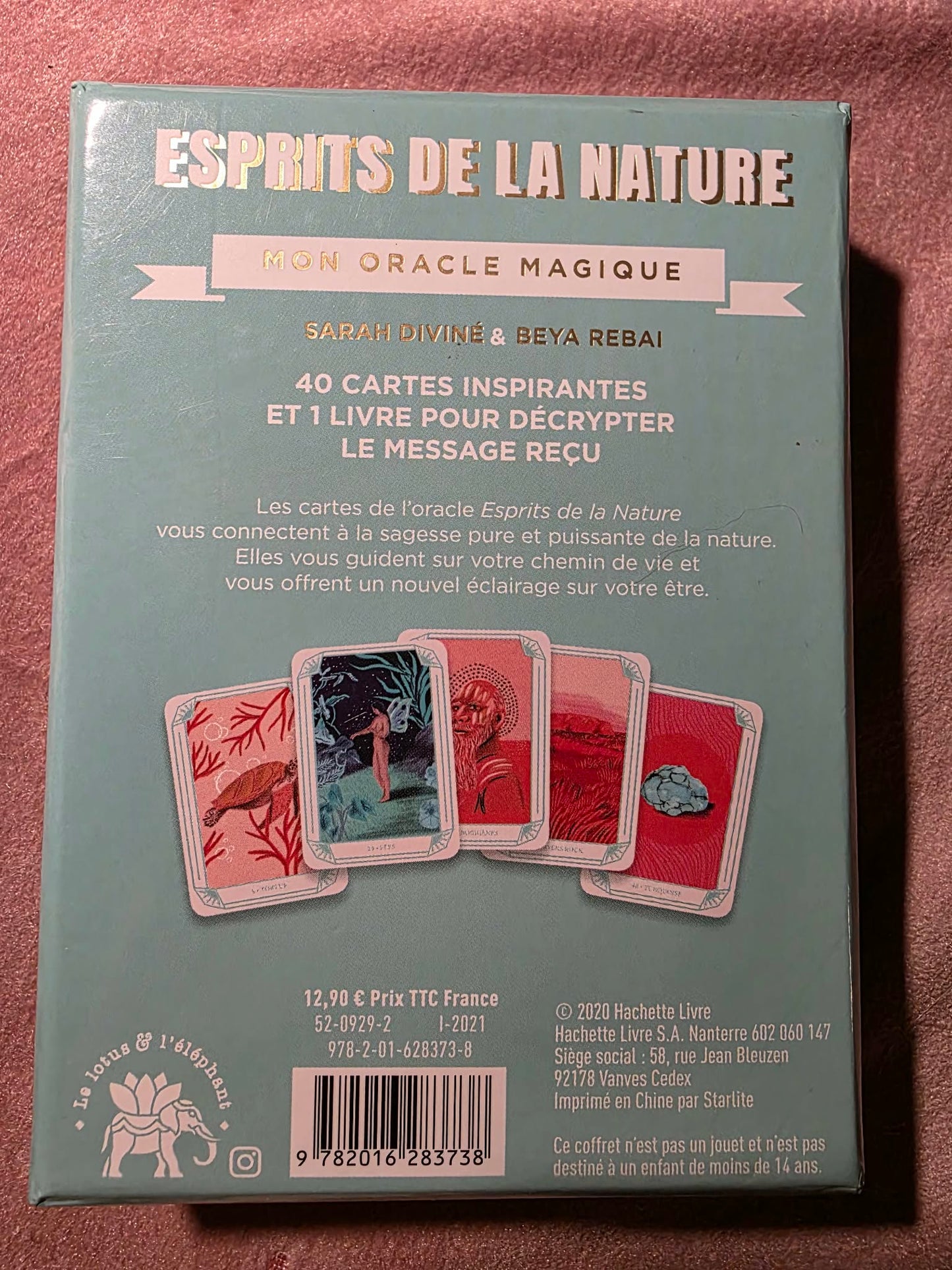 Dos de la boîte – Esprits de la Nature, 40 cartes et 1 livre