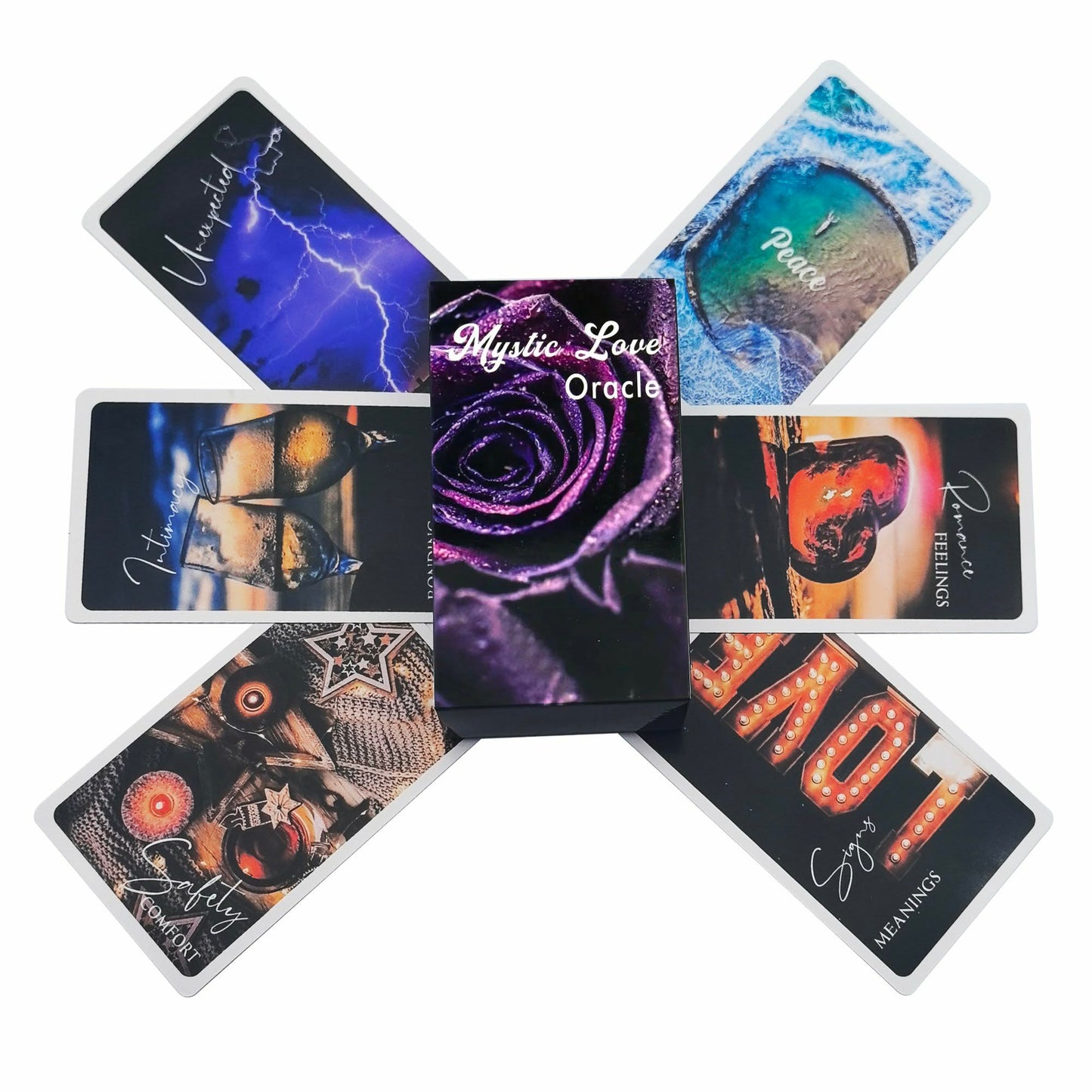 Mystic Love Oracle — cartes étalées en étoile avec rose violette