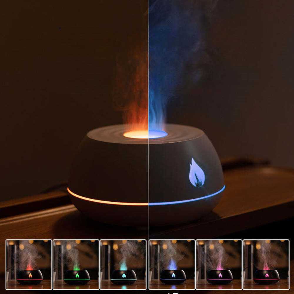 Diffuseur humidificateur FlamAroma flamme effet lumière LED USB portable compact silencieux aromathérapie huiles essentielles zen ambiance relaxation décoration moderne brume vapeur maison bureau chambre salon apaisant calme
