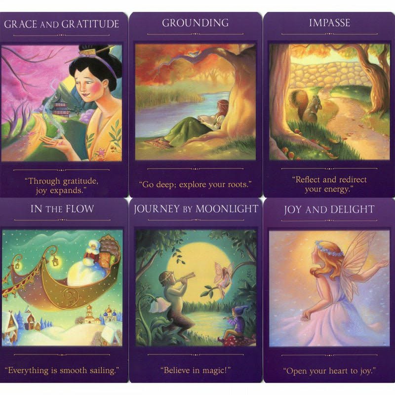 Sacred Traveler — 6 cartes : Grace and Gratitude, Grounding, Impasse, In the Flow, Journey by Moonlight, Joy and Delight