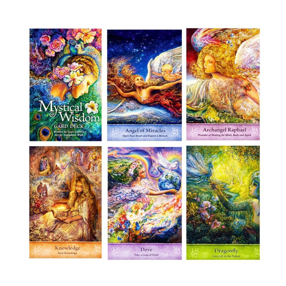 Mystical Wisdom — 6 cartes exemples : Angel of Miracles, Archangel Raphael, Knowledge, Dove, Dragonfly