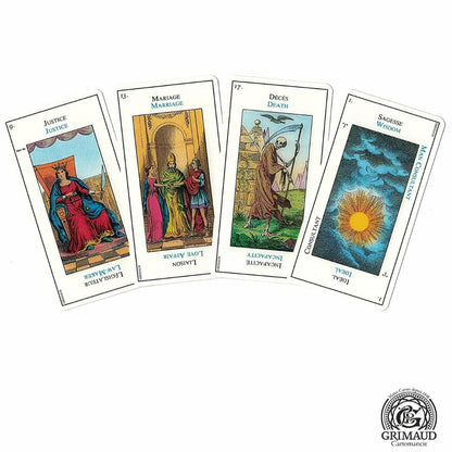 Grand Etteilla — 4 cartes Justice, Mariage, Décès, Sagesse bilingues