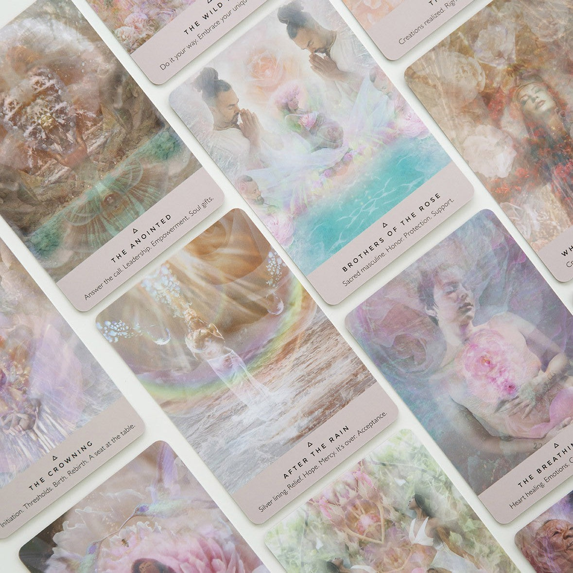 The Rose Oracle — cartes étalées : The Anointed, Brothers of the Rose, The Crowning, After the Rain, The Breathing Rose