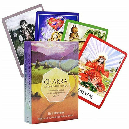 Chakra Wisdom Oracle Cards — coffret avec 4 cartes étalées dont Renewal