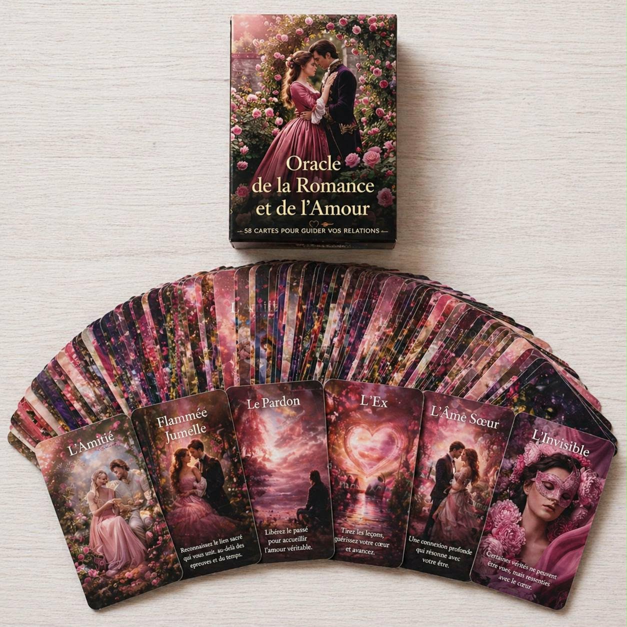 Oracle de la Romance et de l'Amour — 58 cartes étalées en éventail