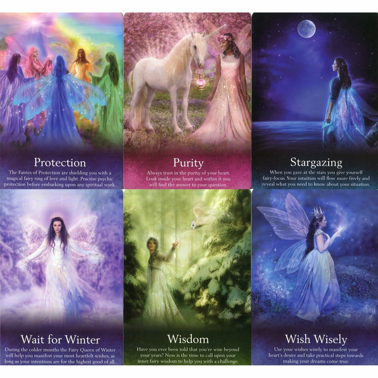 Oracle of the Fairies — guidebook, carte Wish Wisely et dos de carte avec clé dorée