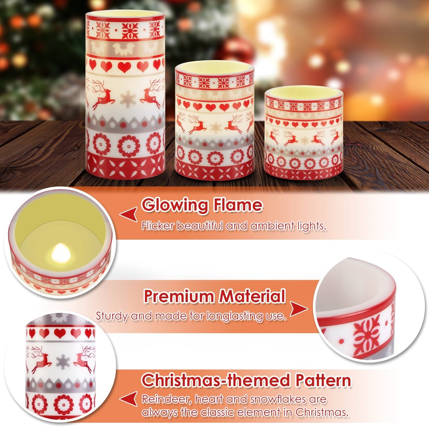 Chandelles LED Noël cerf sans flamme bougies électriques télécommande décoration Noël festive sécuritaire ambiance chaleureuse hiver cadeau Noël maison éclairage décoratif fêtes ensemble 3 bougies motif cerf
