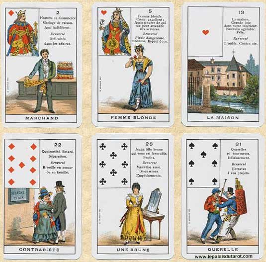 Le Petit Cartomancien — 6 cartes étalées: Marchand, Femme Blonde, La Maison, Contrariété, Une Brune, Querelle