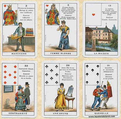 Le Petit Cartomancien — 6 cartes étalées: Marchand, Femme Blonde, La Maison, Contrariété, Une Brune, Querelle