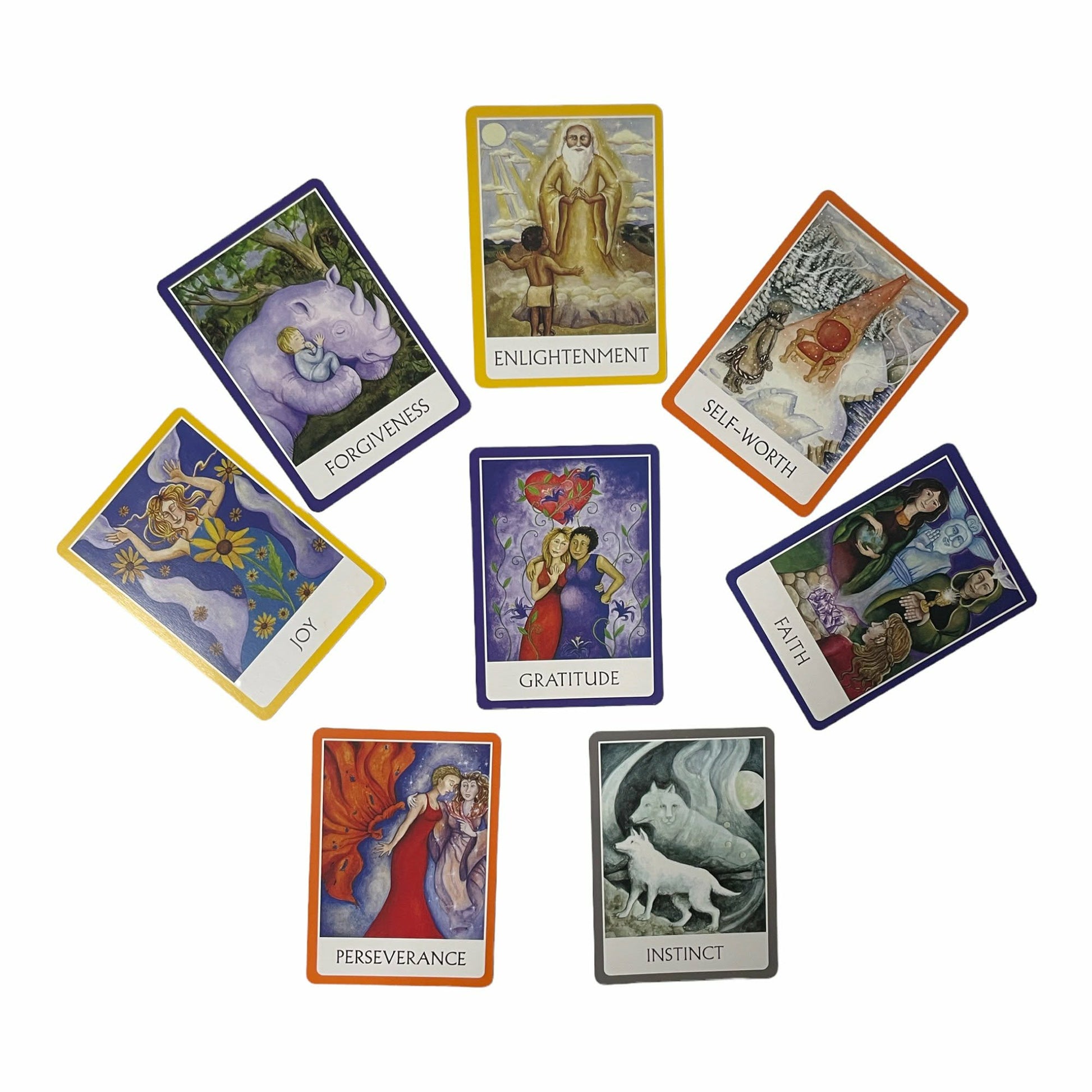 Chakra Wisdom Oracle Cards — 7 cartes en cercle: Forgiveness, Enlightenment, Self-Worth, Gratitude, Faith, Perseverance, Instinct