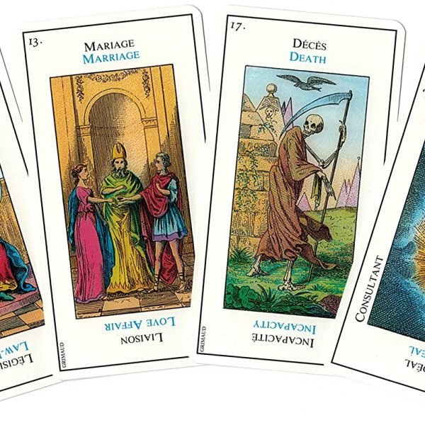 Grand Etteilla — cartes Mariage, Décès, Sagesse gros plan